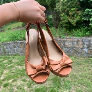 Brown peep toe wedges